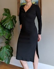 Banana Republic Black Ribbed Dress Long Sleeve Henley Small Midi Stretch Comfort