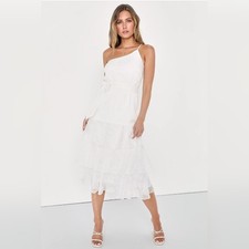 NWT $88 Lulus Gorgeous Impression White Embroidered 1 Shoulder Midi Dress Wom XS