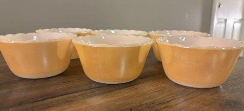 Set of 6 Vintage Fire King Peach Luster 6 oz #424 Scallop Edge Custard Bowls