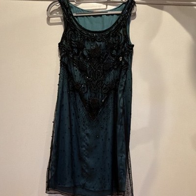 Galliano Dark Green Midi Slip Dress 42 Scoop Neck Sleeveless Beaded Sequin Zip