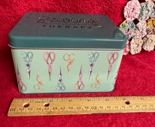 Sewology Tin Box Says Sewing is Cheaper Than Therapy Dk Teal Multicolor Scissors