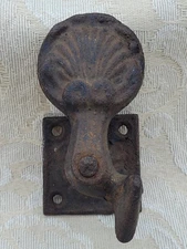Antique Cast Iron Wall Hook For Hanging, Primitive, Wonderful Patina Shell Motif