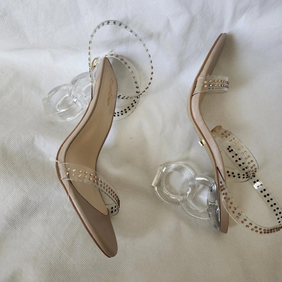 Sandalias de tacón Bebe Lizah escultóricas en desnudo transparente talla 7,5 Foto 2 de 4