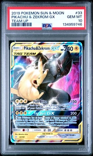 2019 POKEMON SUN & MOON TEAM UP #33 PIKACHU & ZEKROM GX PSA 10