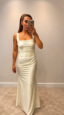 CIDER Cream Satin Maxi Dress Square Neck Strappy Ruched Stretch Size S