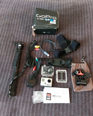 Original Go Pro Hero with Waterproof Case 32 SD Card & Accessories Untested