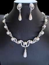 3 Pieces Sliv Plated Pearl Necklace Earrings Set Jewelry Set Wedding Jewelry Set