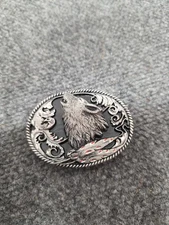 Vintage 1995 Siskiyou Howling Wolf Belt Buckle Silver Tone Black Enamel Over 3"