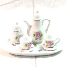 Miniature Tea Set Pink Roses Porcelain  7 piece Vintage