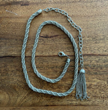 VTG 80's Metal Twisted Silver Rope  Gray Ball Chains Belt with Tassel, EUC.