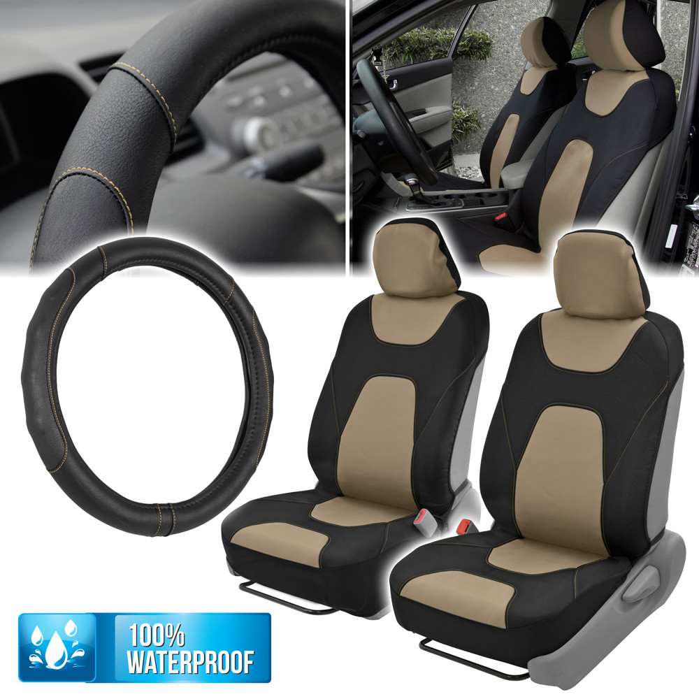 Beige 100% Waterproof Sideless Seat Covers w/ PU Leather Steering Wheel Cover