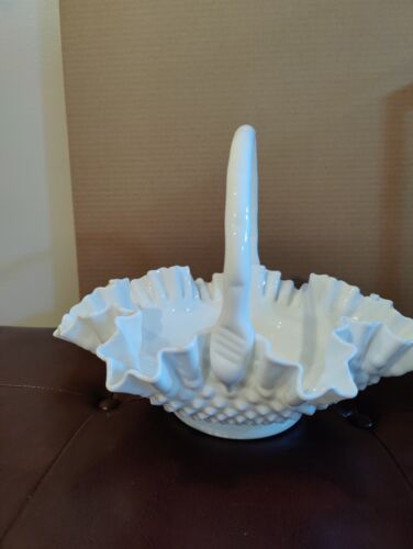 FENTON MILK GLASS CRIMPED RUFFLED HOBNAIL BASKET With Handle - Picture 2 of 14