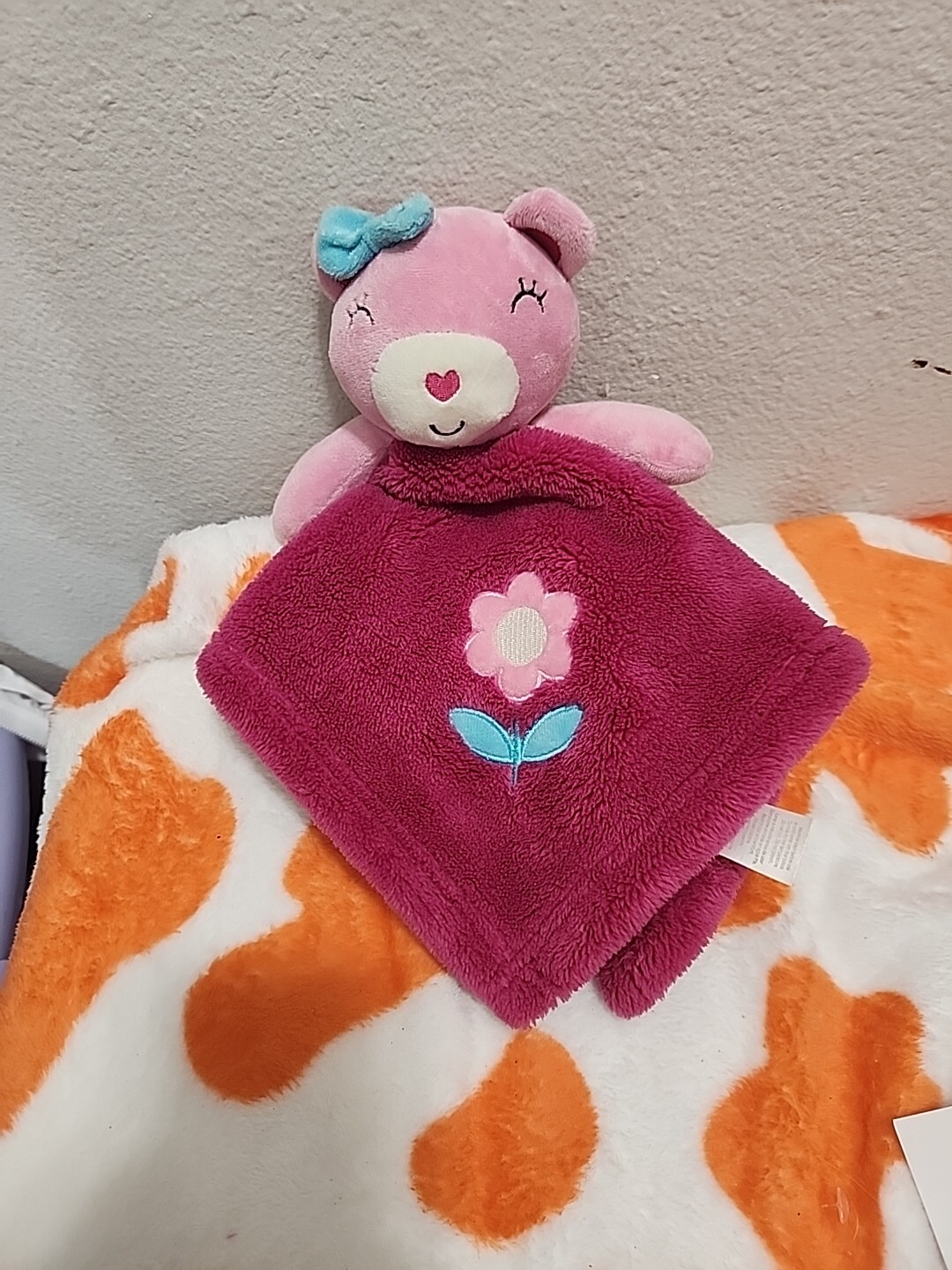 Baby Gear Pink Teddy Bear Lovey Plush Security Blanket W/ Flower 14
