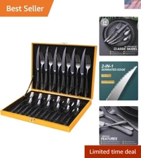 Premium 24-Piece Hammered Black Flatware Set - Mirror Polished & Dishwasher Safe