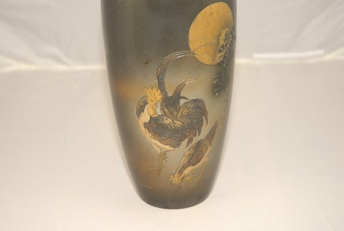Tall Japanese Bronze Vase with Silver Inlay - Picture 2 of 7