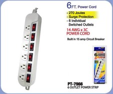 6 OUTLETS POWER STRIP T-TYPE WITH 15AMP CIRCUIT BREAKER 1875W SURGE PROTECTION