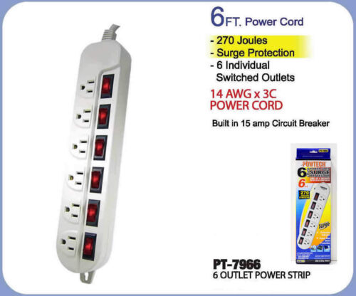 6 OUTLETS POWER STRIP T-TYPE WITH 15AMP CIRCUIT BREAKER 1875W SURGE PROTECTION - Picture 1 of 9