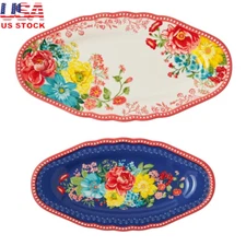 Fancy Flourish Narrow Platter Set of 2 Stoneware Dishwasher Safe Serving Dish US