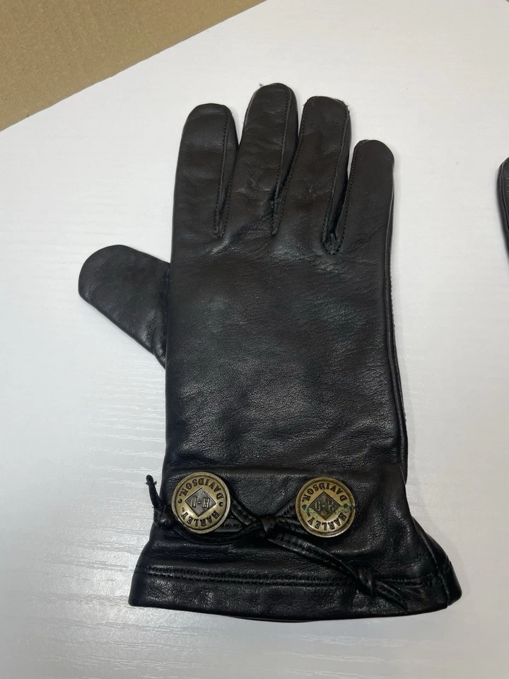Guantes de cuero negros Harley-Davidson XS para mujer - puño con botones de latón, forrados de nailon Foto 3 de 4