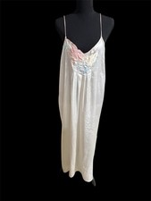 VTG 80s 90s Natori Ivory Satin Nightgown Sm Pastel Colorblock Floral Applique