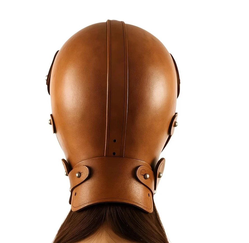 Handmade Brown Leather Full Head Mask – Steampunk Gothic Cosplay Helmet - Image 3 of 3