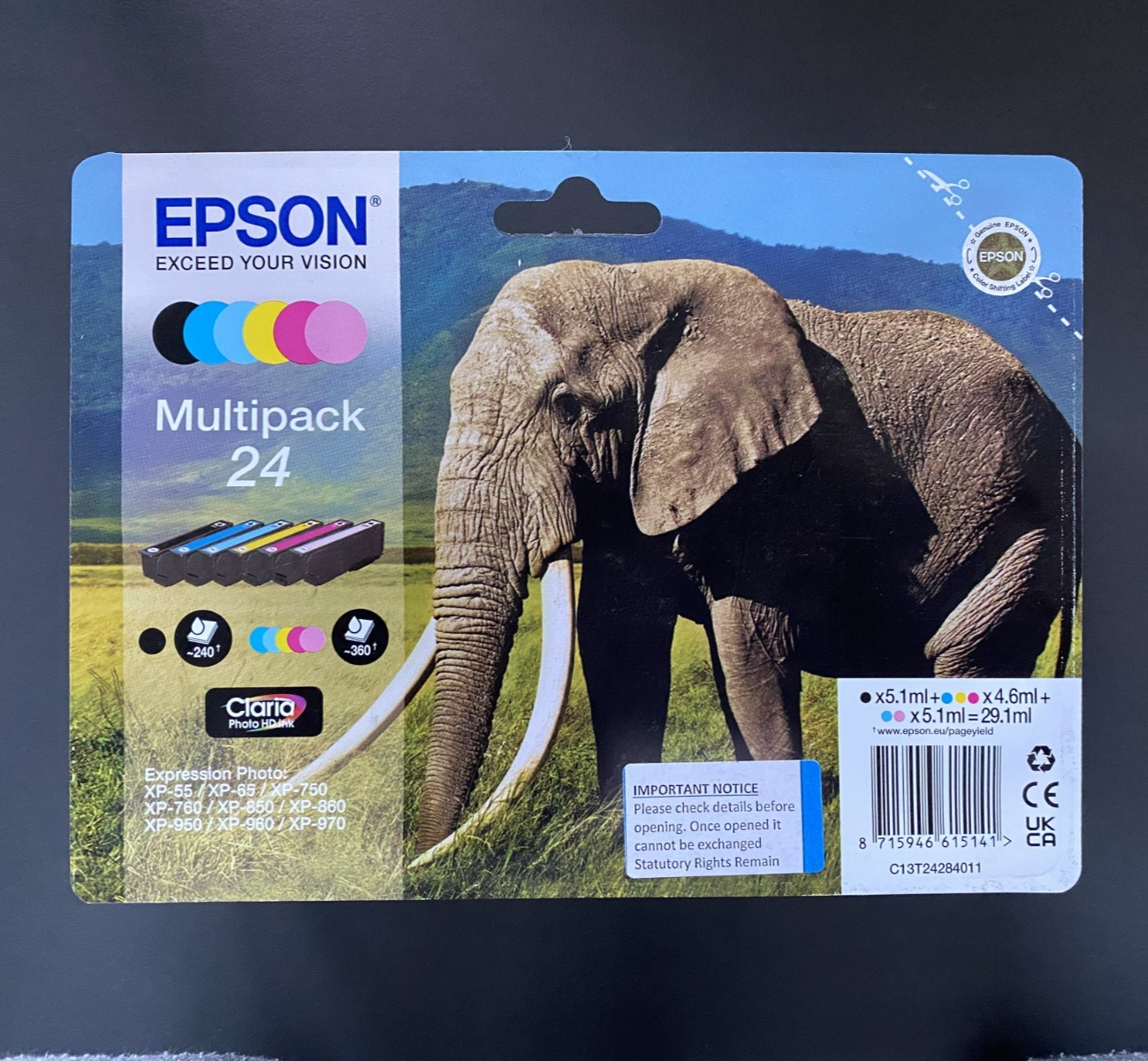 Epson C13t24284510 (24) Ink Cartridge Multi Pack, 360 Pages, 1X240pg + 5X360pg, 1X5.1ml + 5X4.6ml, Pack Qty 6 - Image 10