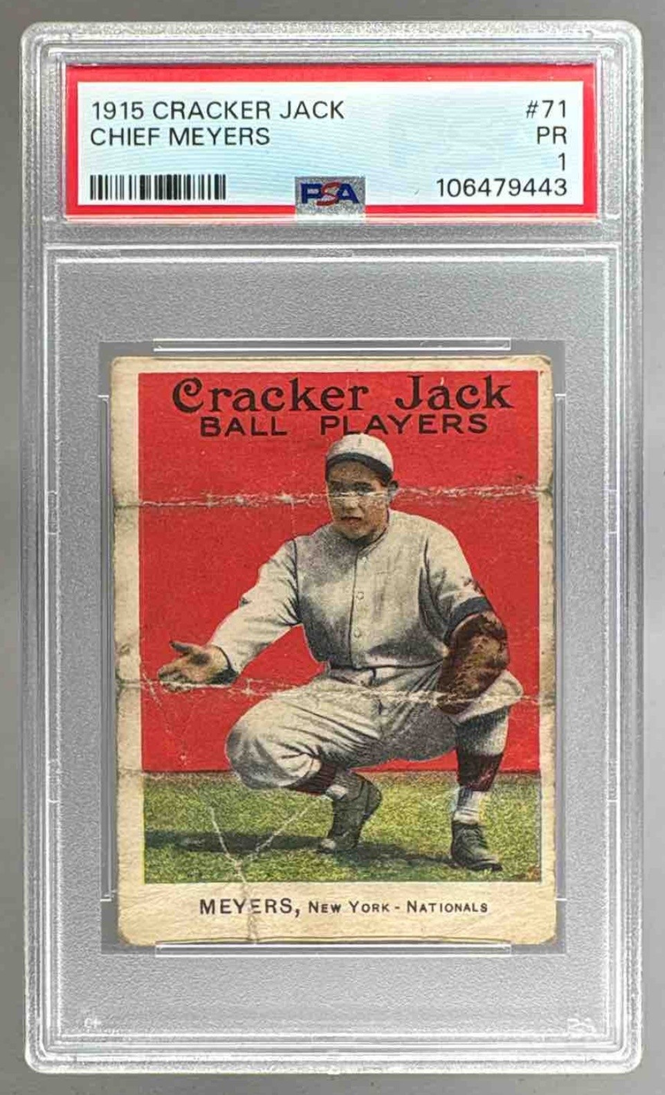 106479443 Chief Meyers 1915 Cracker Jack E145 #71 PSA 1 RARE 100+ Years Old