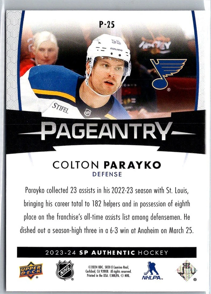 2023-24 SP Authentic Pageantry Colton Parayko #P-25 - Image 2 of 2
