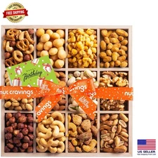 Gourmet Birthday Treats Gift Basket - 12 Assorted Nuts in Elegant Wooden Tray