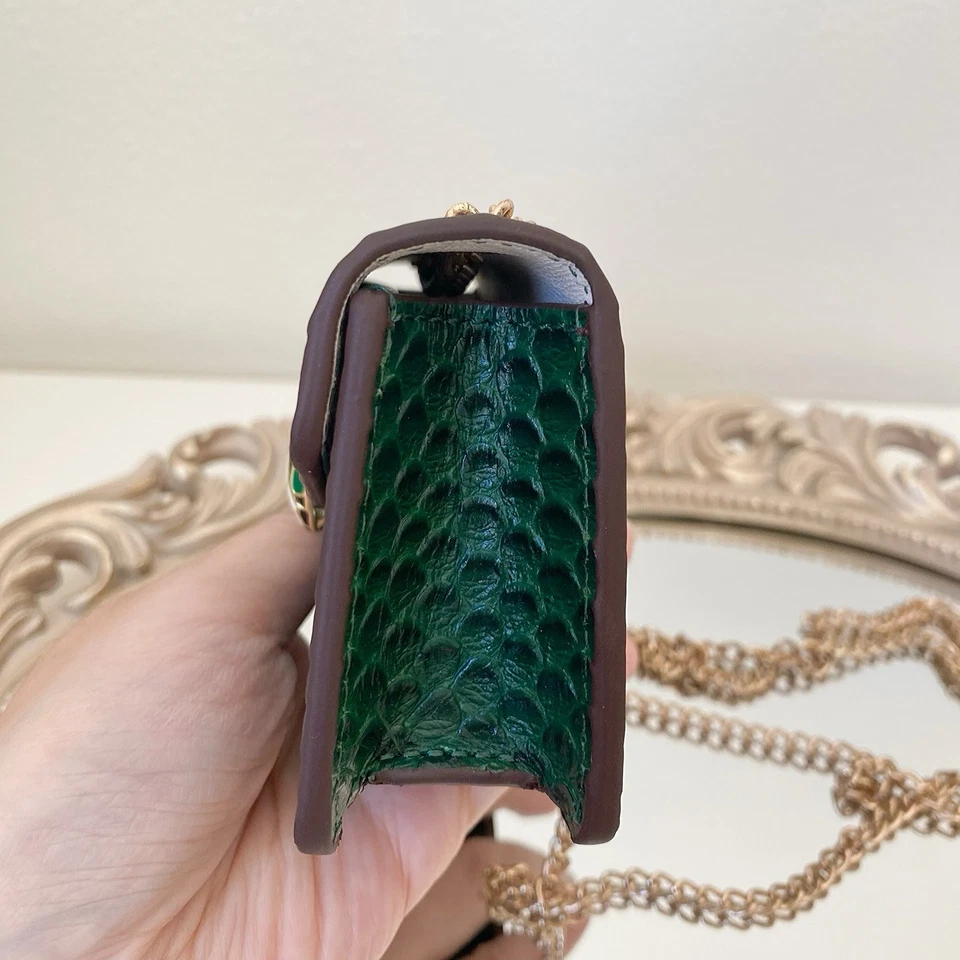 Mini Bandolera de Cuero Genuino, Patrón de Serpiente Verde, Correa de Cadena Foto 4 de 4