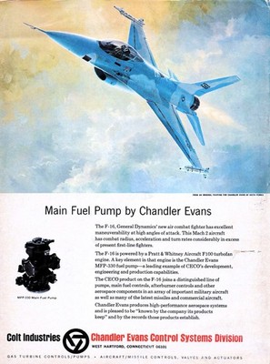 F-16 Fighting Falcon Fuel Pump Chandler Evans Colt Industries Vtg Mag Print Ad