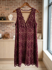 NWT Karen Kane Mini Dress XL Sleeveless Burgundy Beige Floral Lace V-Neck