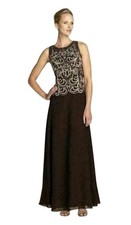 J KARA Brown Gold Beaded Sequin Embellished Mock 2pc Chiffon Maxi Gown Dress 12