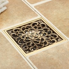 Artistic 4" Square Floor Drain Carved Antique Brass Tile Insert Floor Mounted