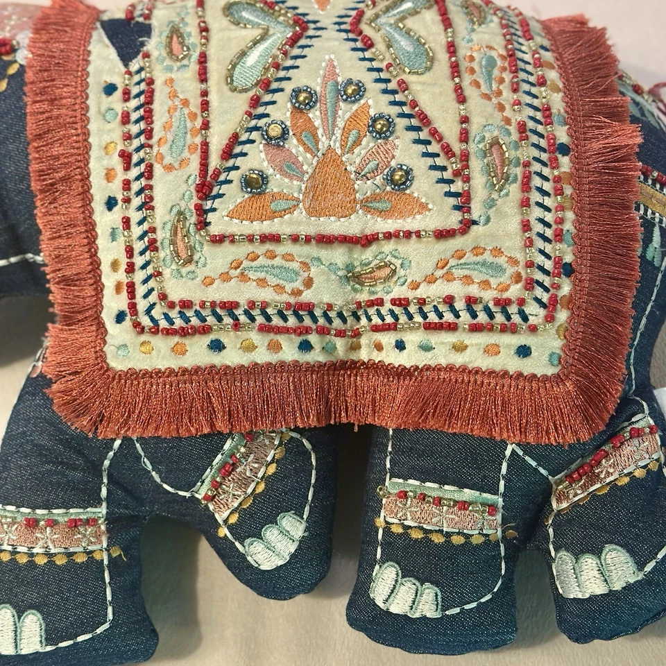 Elephant Pillow NWT Embroidery Beaded Tassel Fringe Boho Decor Global India Gift - Image 2 of 4