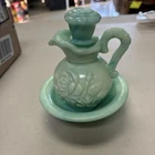 Vintage Avon Jadeite Green Swirl Milk Glass Rose Mini Bowl and Pitcher Set 1976