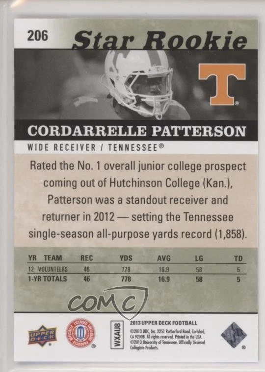 2013 Upper Deck Star Rookie Cordarrelle Patterson #206 Rookie RC - Image 2 of 2