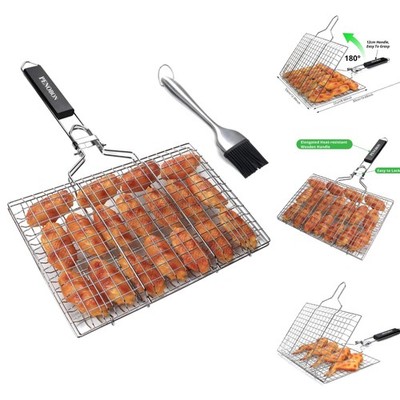 Folding Portable Stainless Steel Fish Grilling Basket with Basting Brush Set