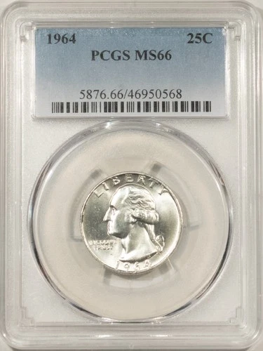1964 WASHINGTON QUARTER - PCGS MS-66, BLAST WHITE!