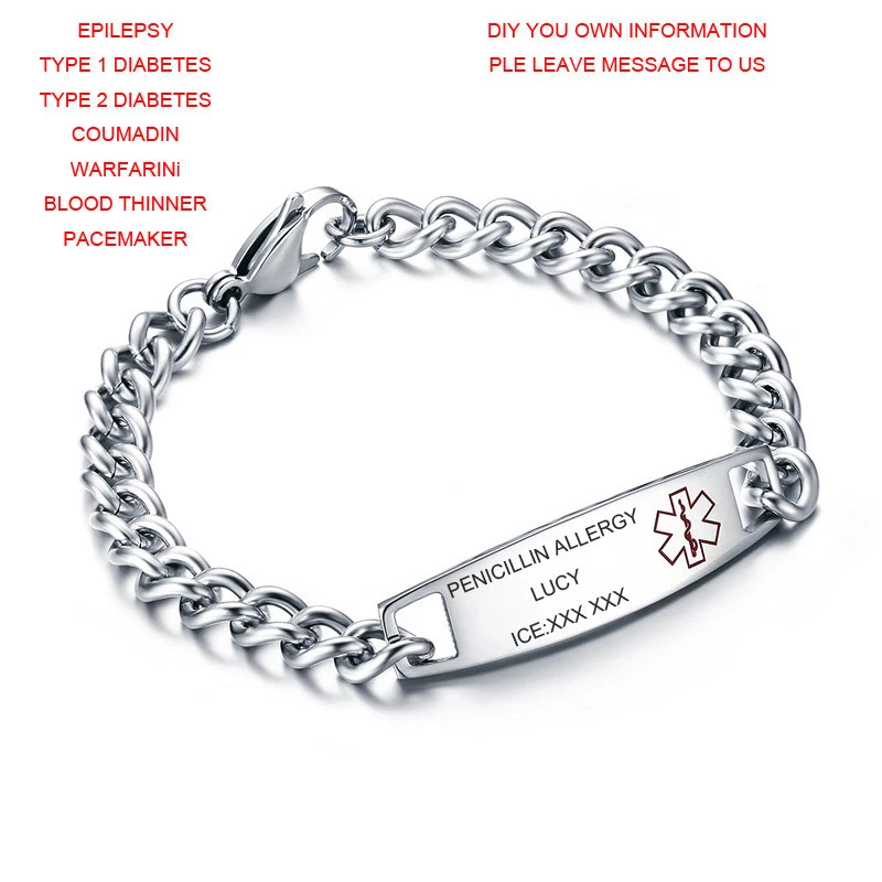 Free Engraving Medical Alert ID Chain Bracelet Silver 7.3