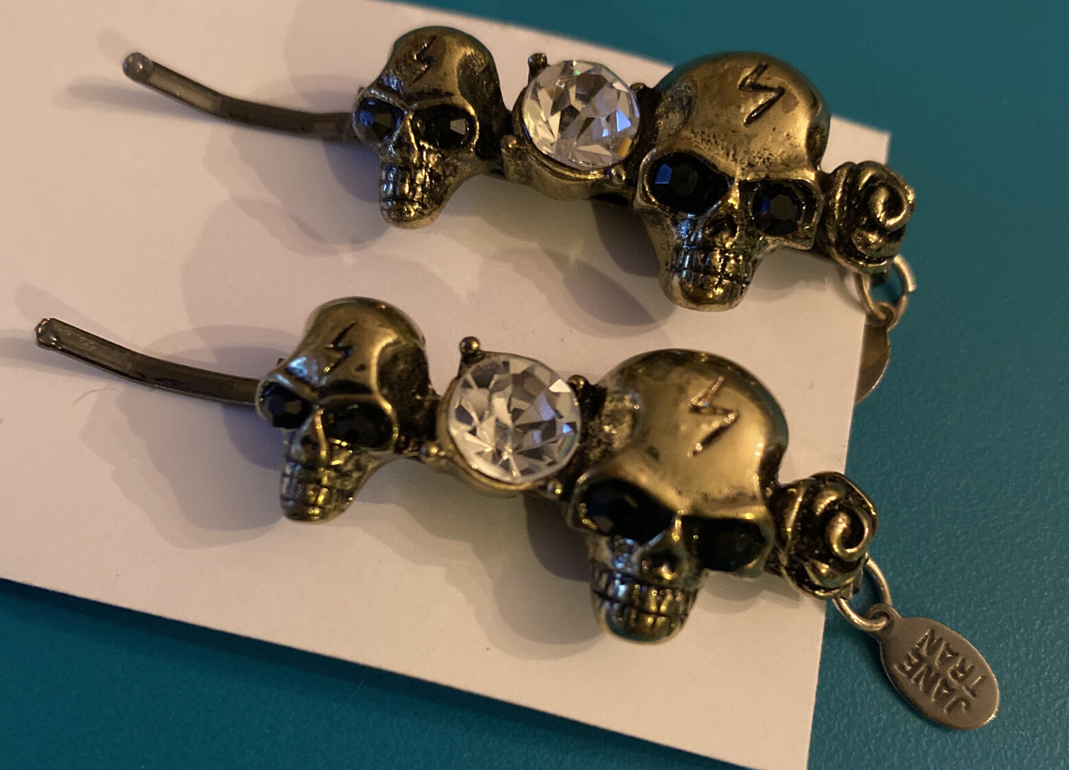 Jane Tran Hair Accessories Bobby Pin Brass Skulls Roses Rhinestone