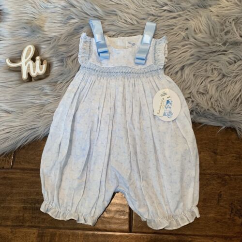 Luli + Me Girls Bubble Romper Butterfly White Blue Bows 3 Months Smocked New - Picture 1 of 9