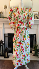 David Brown California House Coat Floral Dress Puff Sleeve Sz XS/S Vintage 80s