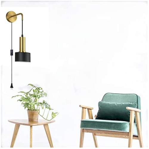 Wall Lamp with Metal Black Shade with Plug, Gold Adjustable Wall Lamp, Suitable - Picture 7 of 8