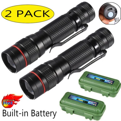 2 Pack Super Bright Tactical Pocket Torch LED Small Flashlight Rechargeable Lamp