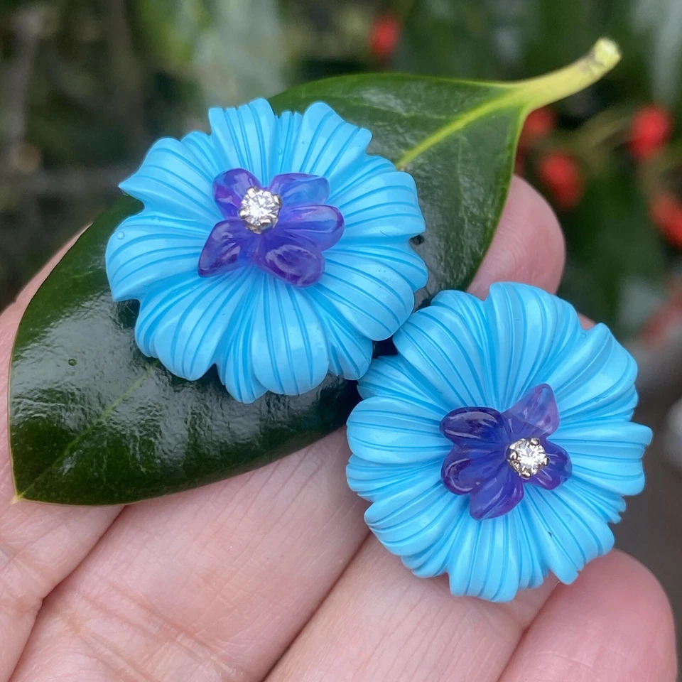 Pendientes Vintage Diamantes Oro 14K 18K Amatista Azul Turquesa Tallada Flor Foto 2 de 4