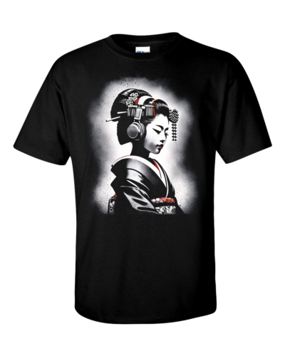 Headphone Japanese Geisha Girl Graffiti Stencil Spray Paint DJ T-Shirt - Picture 1 of 1