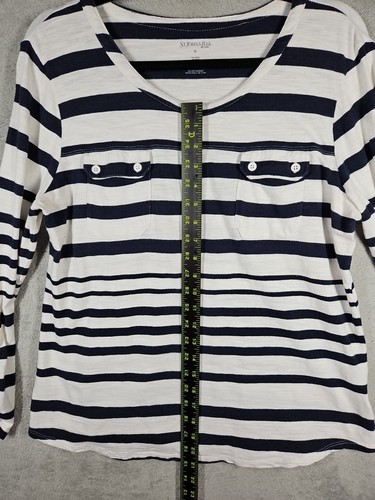 St. John's Bay Navy White Striped Henley Top Button Pockets Tab Long Slvs Sz XL - Picture 3 of 14