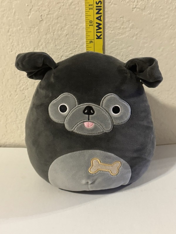 Original Squishmallows Bongo Pug 8”Squishy Plush BlackGray Puppy Dog W/Bone USED