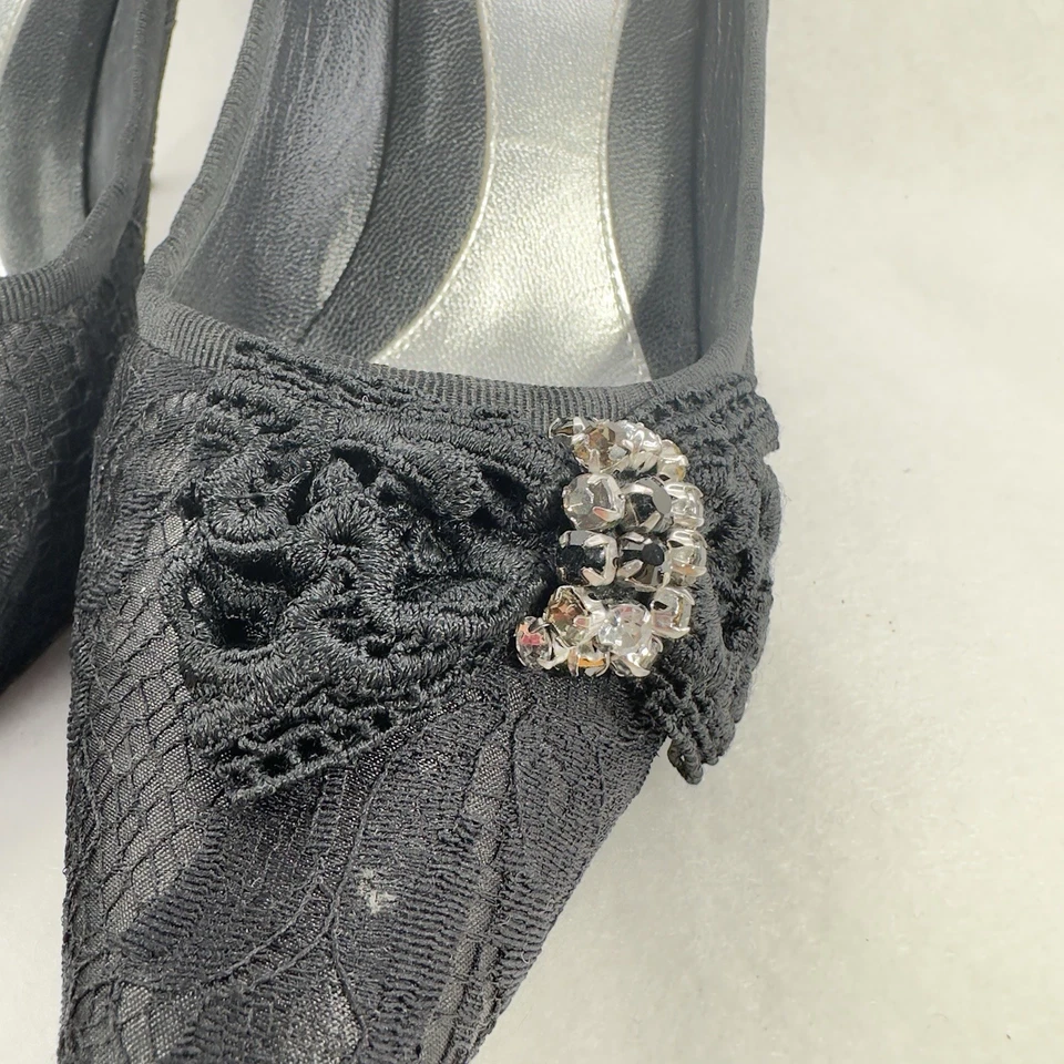 Tacones de tacón Karen Millen England de encaje negros talla 40 EE. UU. 9 estrás lazo punta en punta Foto 3 de 4